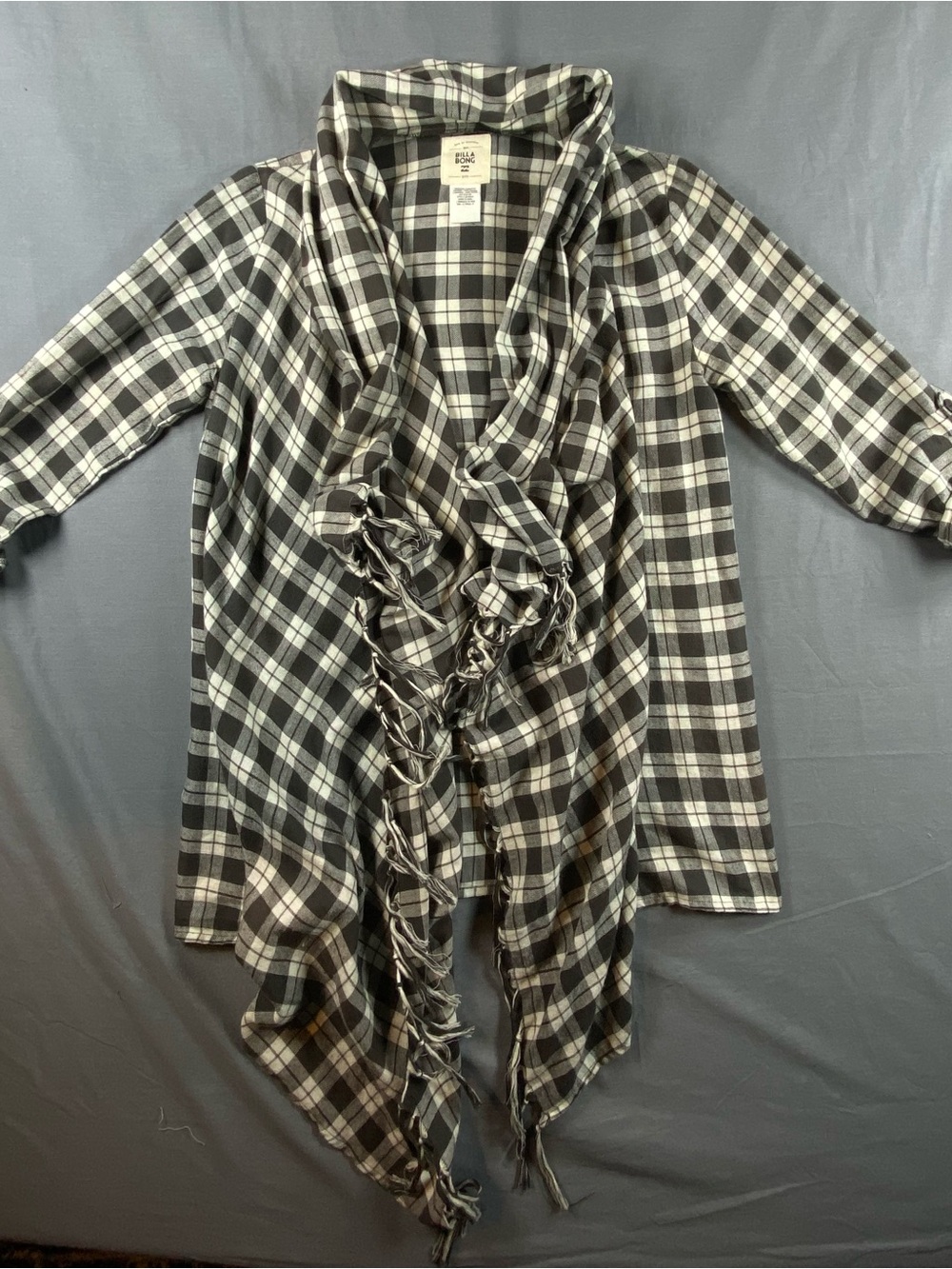 Billabong Black & White Plaid Open-Front Jacket with Fringe